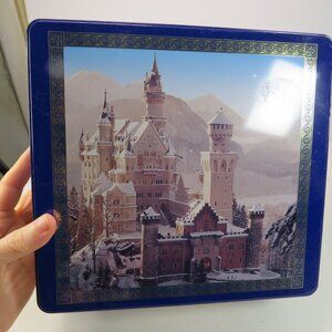 Castles of Europe metal tin royal blue with gold borders Vintage Delacre